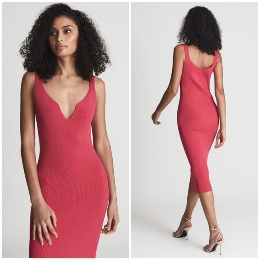 💕REISS💕 Dakota Sweetheart Neck Knitted Bodycon Dress ~ Pink Medium M